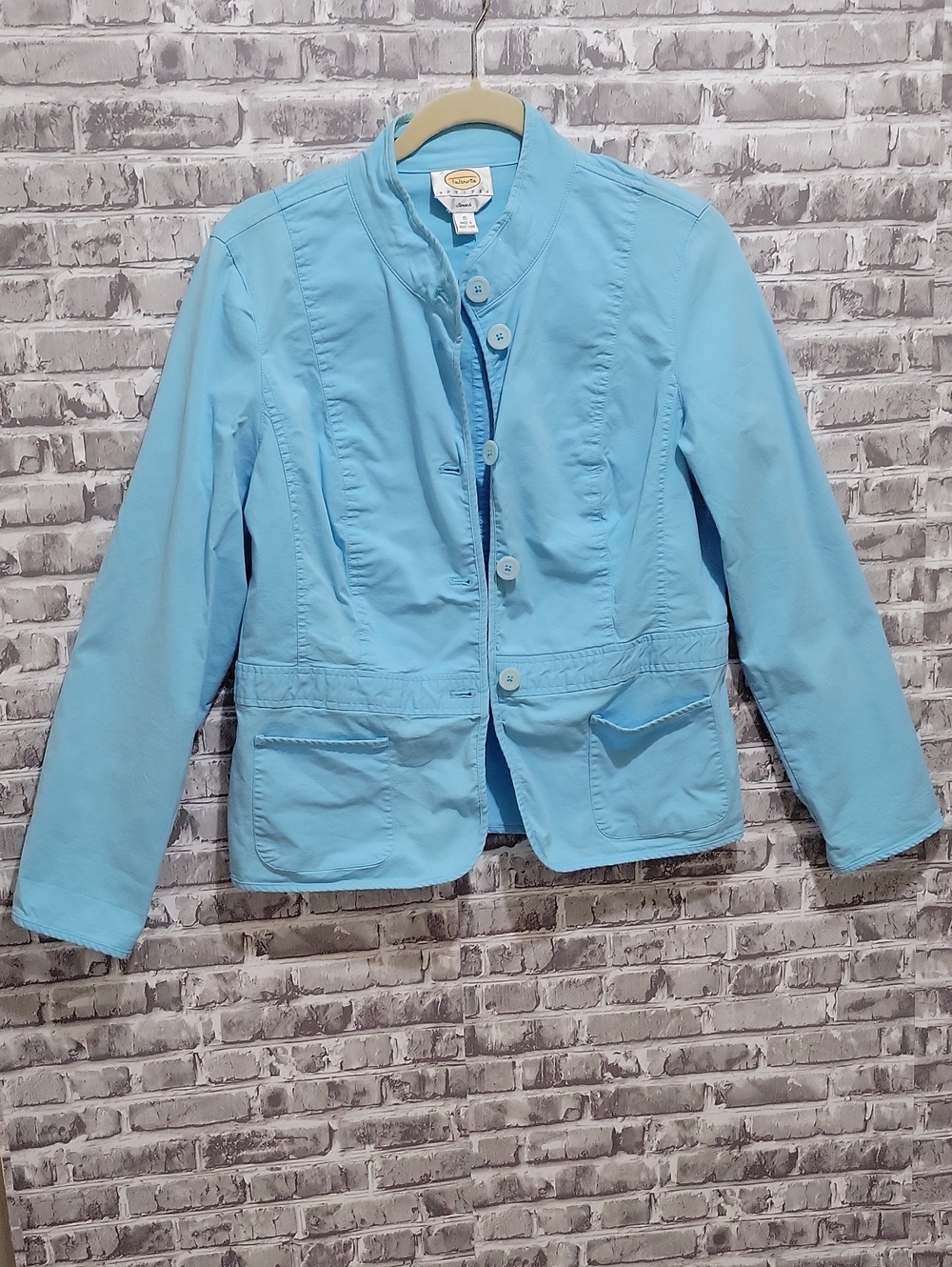 Talbots Sky Blue Mandarin Collar Button- Down Casual Jacket Womens Sz 16 Petite